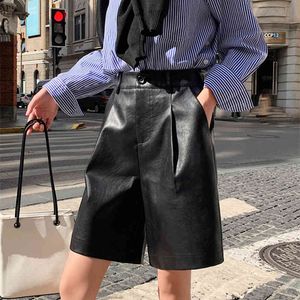 Plus Size PU Leather Women's Half Pants Autumn Winter Elastic Waist Wide Leg Pants Elegant Female OL Trousers Pocket 210522