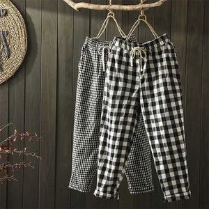 Spring Summer Plaid Pants Women's Harem Pants Capris Drawstring Waist Large Size Casual Loose Cotton Linen Trousers Women 211105