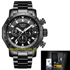 Lige evighet LG9871 Sport Mens Klockor Datum Ring Silvery Pointer Japan VK Quartz Chronograph Movement Män Klockor Svart Stål Väska Rostfritt Rem