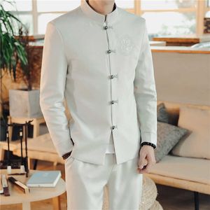 Китайский ретро стиль мужской костюм 2 части наборы мода повседневные мужские костюмы и брюки азиатский размер формальные костюмы для мужчин деловой костюм куртка X0909