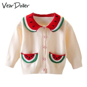 Pullover Veardoller Girls Sweater Höst Vinter Ankomst Långärmad Barnkläder Söt vattenmelon Kids Stickad Cardigan