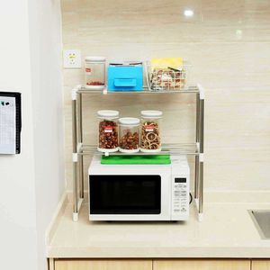 Stainless Steel Adjustable Multifunctional Microwave Oven Shelf Rack Standing Type Double Kitchen Storage Holders Home Bathroom 210705