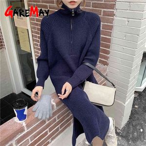 Elegant Oversized Dress With Collar Long Sleeve Beige Loose Sweaters Winter Knitted es For Women Autumn Warm 210428