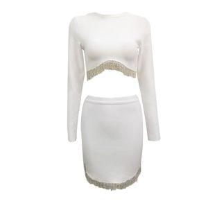 Women Set Suit Elegant Sexy Long Sleeve White Beading Party Club Skirts Celebrity Bodycon 2 Piece Clothing 210515