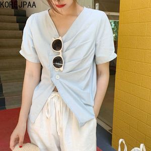 Korejpaa Women Shirt Korean Chic Gentle Simple V-neck Irregularly One-row Buckle Loose-fitting Short-sleeved Blouses Top 210526