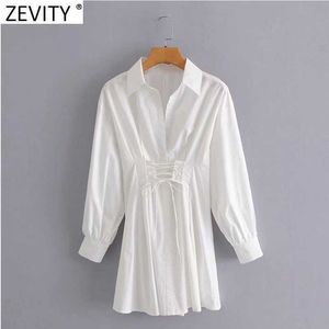 Zevity Frauen Vintage Taille Lace Up Bandage Casual Slim Falten Hemd Kleid Weibliche Chic Zurück Reißverschluss Weiß Mini Vestidos DS8187 210603