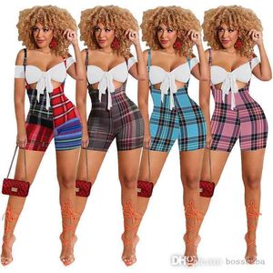 Designers kvinnor två bit byxor shorts set mode kort kontroll suit sommar damer plaid sling outfits 4 färger