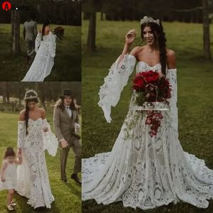 Vintage Crochet Lace Boho Wedding Gowns with Long Sleeve 2022 Off Shoulder Countryside Bohemian Celtic Hippie Bride Dresses Robe gergb