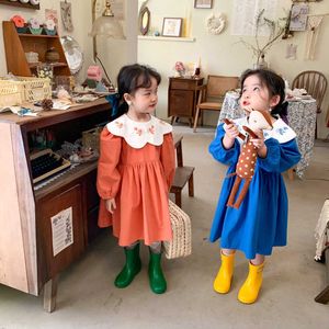 Girl Embroidered Lapel Collar Solid Color Princess Dress 2021 Spring Children Sweet Lady Style Long Sleeve Cotton Causal Dresses Q0716