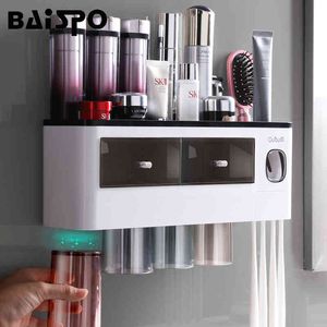 BAISPO Toothbrush Holder With Magnetic Cups Automatic Toothpaste Dispenser Holder Wall Mount Storage Bathroom Accessories 210322