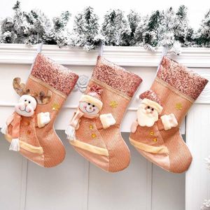 Juldekorationer År Strumpor Sack Vintage Style Sequins Snowman Reindeer Print Spis Xmas Tree Hängande