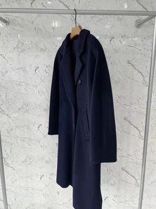 Blu navy MMax Madame 101801 Cappotto lungo da donna in pelliccia di lana di pecora Cappotto doppiopetto con collo a bavero Cappotti in cashmere