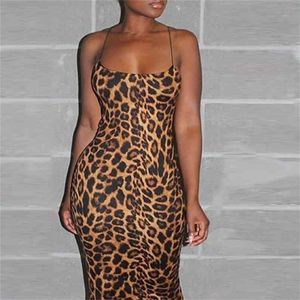 Damska Seksowna Dziana Spaghetti Pasek Sleevless Bodycon Midi Club Cocktail Leopard Drukuj Sukienka Drop 210730