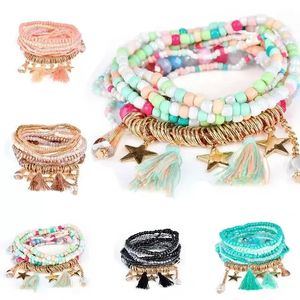 Multilayer Samen Perlen Quaste Fünf Sterne Armbänder Armreifen Strang Stretch Freundschaft Armband Für Frauen Hip Hop Schmuck