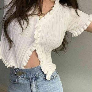 Sommar knit tröja kvinnliga kvinnor ruffle trim gröda stickade cardigan med kortärmad djup v nacke casual jumper pull femme 210508