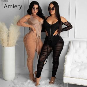 Stacked Mesh Två Piece Set Kvinnor StreetWear Off Shoulder Zipper Toppar + Hög midja Byxor Skinny Slim Sexy Clubwear Outfits