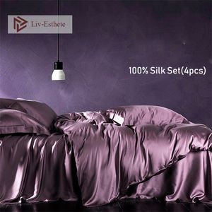 LIV-Esthete Noble 100 % 실크 뷰티 침구 세트 실키 건강 보라색 이불 커버 플랫 시트 필로어 퀸 킹 침대 린넨 세트 210319