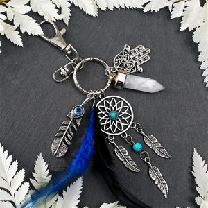 Nyckelringar Nya Dream Catcher Nyckelringar Blue Feather Tassel Hamsa Hand Evil Eye Nyckelring För Väggbil Hängande Decor Amulet Boho Smycken V2
