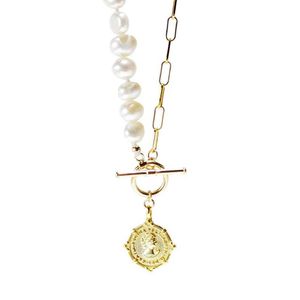 Lii Ji perla barocca collana in argento sterling 925 placcato oro ciondolo moneta regina chiusura OT gioielli di lusso