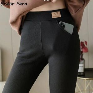 Sister Fara Winter Women's Warm Leggings High Waist Soft Pocket for Women Fleece Thick Pants Velvet Thermal Trousers 211221