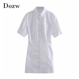 Women Turn Down Collar White Shirt Dress With Pockets Short Sleeve Office Mini Back Elastic Waist Pleated es 210515