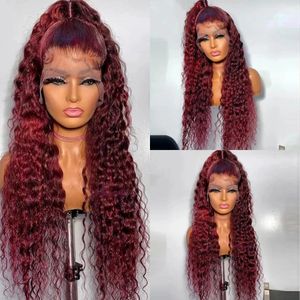 Curly Human Hair Wigs Wine Red Brazilian Remy Deep Wave Full Lace Front Synthetic Wig 180% Pre Plucked on Sale