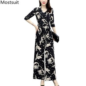 Sommar mode tryckta två stycken sets outfits kvinnor spets-up bälte toppar + breda benbyxor passar vintage koreanska eleganta 210513