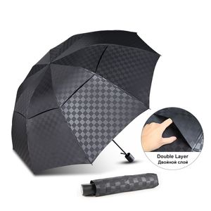 Double Layer Dark Grid Big Paraply Regn Kvinnor Män 3 Folding 10k Vindtät Affär Paraplyer Man Parasol Familj Travel Paraguas 210320