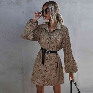 leopard print shirt dress women casual lantern sleeve autumn winter short vestidos 210427