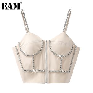 [EAM] Women Beige Backless Slim Tank Tops V-collar Sleeveless Personality Fashion Spring Summer 1DD7441 210512