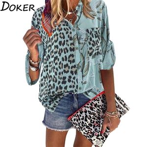 Women Blouse Sping Tops Turn-down Collar Long Sleeve Leopard Shirt Loose Plus Size Clothing For Women Ladies Blouses 220311