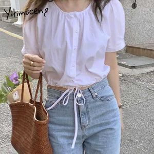 Yitimuceng Button Up Shirt Women Shirring Office Lady Top Camicetta moda coreana Bianca manica corta a sbuffo Lace Up Summer 210601