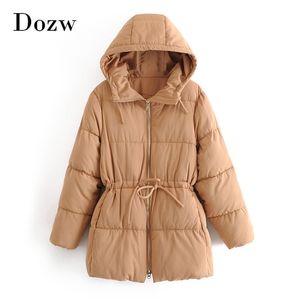 Moda Kobiety Solidna Długa Parka Winter Bow Tie Elastyczna Talia Z Kapturem Płaszcz Kobieta Przypadkowy Rękaw Padłowa kurtka 210515