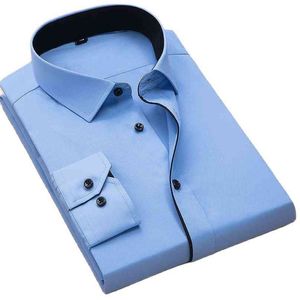 Plus Size 8XL Moda Soft Turn Down Collar Black Button Długie Rękaw Twill Solid Business Men Sukienka Koszulki Brak przedniej kieszeni 210626