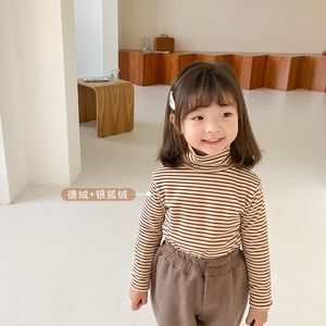 冬1-7歳の女の子の暖かい裏地の厚い高い襟ベーストップス子供子供たち厚さのコットンカジュアルすべてのマッチTシャツ210508