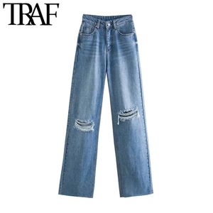 Trafik Kvinnor Chic Fashion Ripped Hole Wide Leg Jeans Vintage High Waist Zipper Fly Denim Byxor Kvinna Trousers Mujer 210715