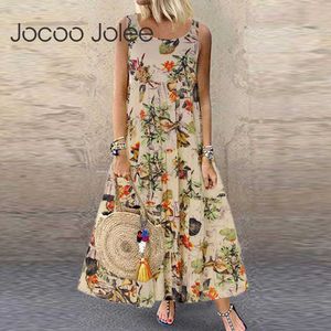 Jocoo Jolee女性カジュアルノースリーブOネックフローラルプリントルーズロングドレスボヘミアンマキシドレスビンテージビーチサンドレスプラスサイズ210619