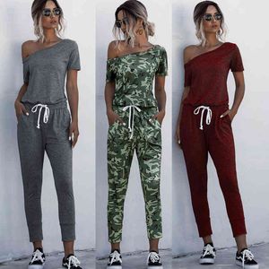 패션 여성 여름 솔리드 jumpsuits 캐주얼 경사 칼라 Drawstring 레이스 업 포켓 짧은 소매 중반 허리 슬림 긴 Playsuits 210507