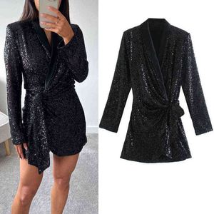 TRAF ZA Wrap Sequin Vestido Mulher Vintage Mini Glitter Dress Mulheres Elegant Black Party Vestidos de Manga Longa Vestidos de Noite G1214