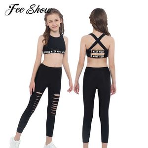 Joga Zestawy Sportowe Ubrania Dziewczyny Dwa Kawałki Dresy Garnitury Dzieci Uruchamianie Siłownia Stroje Krzyżowe Powrót Crop Top z Hollow Legginsy Sets X0902