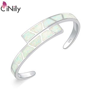 Cinily Blue & White Fire Opal Stone Open Bangle Silver Plated Adjustable Double Multilayer Bracelet Summer Party Jewelry Female Q0720
