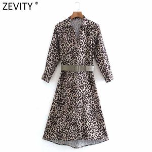 Zevity Women Vintage Leopard Print Sashes Midi Shirt Dress Office Lady Chic Long Sleeve Casual Business Party Vestido DS4614 210603