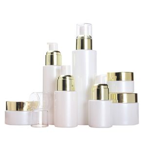 Empty 20ml 30ml 60ml 100ml 120ml perfume bottles 20g 30g 50g jar white glass pump lotion spray bottle gold color lids