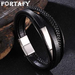 Wholesale trendy wristbands for sale - Group buy Charm Bracelets FORTAFY Trendy Stainless Steel Black Leather Bracelet For Men Wristband Multilayer Male Braided Bangles Jewelry FR1077