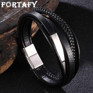 Charme Armbänder FORTAFY Trendy Edelstahl Schwarz Leder Armband Für Männer Armband Multilayer Männlich Geflochtene Armreifen Schmuck FR1077