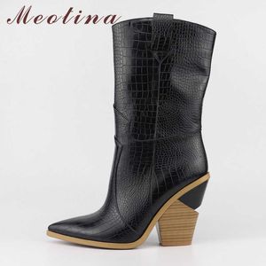 Meotina Winter Western Boots Kvinnor Fashion Strange Style Heels Mid-Calf Boots Super High Heel Shoes Ladies Fall Plus Storlek 33-46 210608