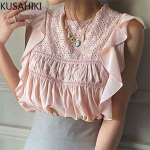 Ruffle Ärmlös Kvinna Toppar Koreansk Elegant Lace Patchwork Blusskjorta Sommar Kausal Blusas de Mujer 6j823 210603