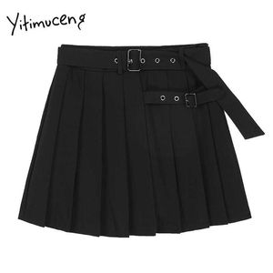 Yitimuceng Black Lace Up Spódnica Kobiety Plisowane Wysoką Talię Mini Solid Letni Koreański Preppy Style Spódnice Mody 210601