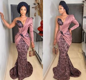 Wholesale rose formal dresses resale online - Robe Rose Pale Mermaid Evening Formal Dresses with One Shoulder Long Sleeve Lace Stain African Nigerian Aso Ebi Prom Engament Dress