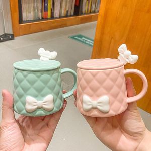 Mugs Bowknot Ceramic Matte Girl Heart Small Fresh Jug With Lids Spoons Office Creative Cute Tea Coffee Cup Drinkware Kettle